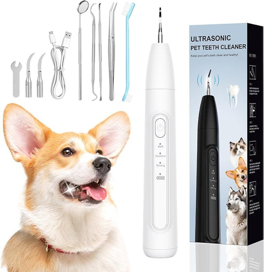 Ultrasonic Dog Plaque Remover Tool, 3 Modes Plaque and Tartar Remover for Dogs, Low Noise Sonic Dog Tartar Remover Dogs Plaque Remover with Toothbrush 2 Cleaning Head for Pet Dental Care, White