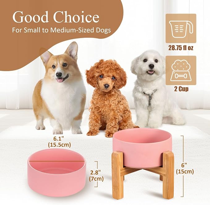 Ceramic Elevated Dog Bowl with Bamboo Stand, for Small & Medium Dog, Pink