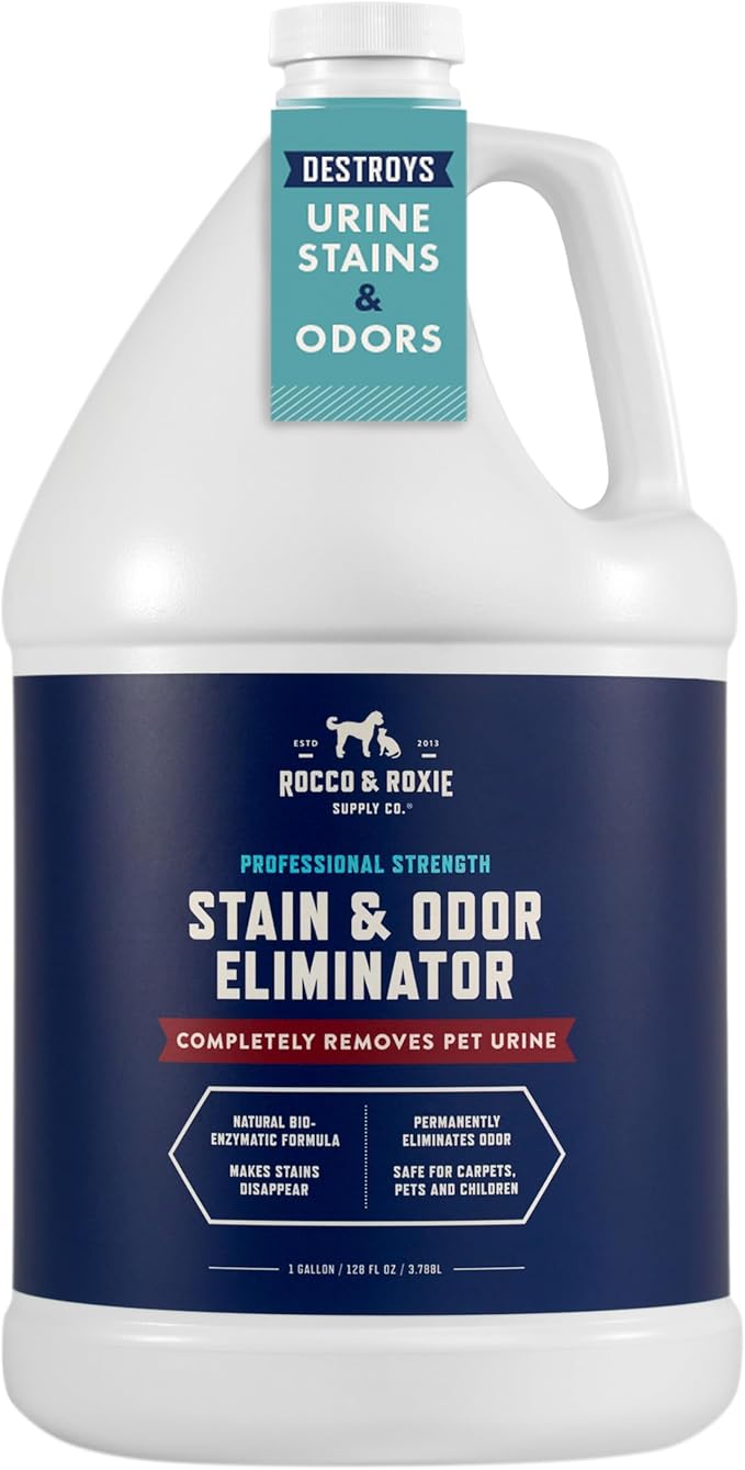 Rocco & Roxie Enzyme Stain & Odor Eliminator, 1 Gallon | Bio-enzymatic urine destroyer; CRI Certified Safe; made in USA; for carpets, bedding, litter boxes, crates & cars
