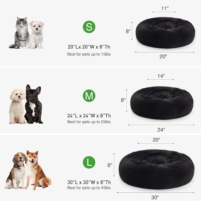 Love's cabin Calming Cat Bed for Indoor Cats, Anti-Anxiety Donut Round Dog Bed,Fluffy Faux Fur Washable Pet Bed for Small Medium Dogs and Cats, Black, 24in