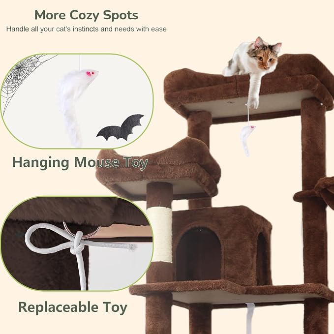 68 Inches Multi-Level Large and Tall Cat Tree Tower for Indoor Cats/Removable Pad/Cat Condo/Sisal Scratching Posts/Hammock/Cat Activity Center/Wide Base