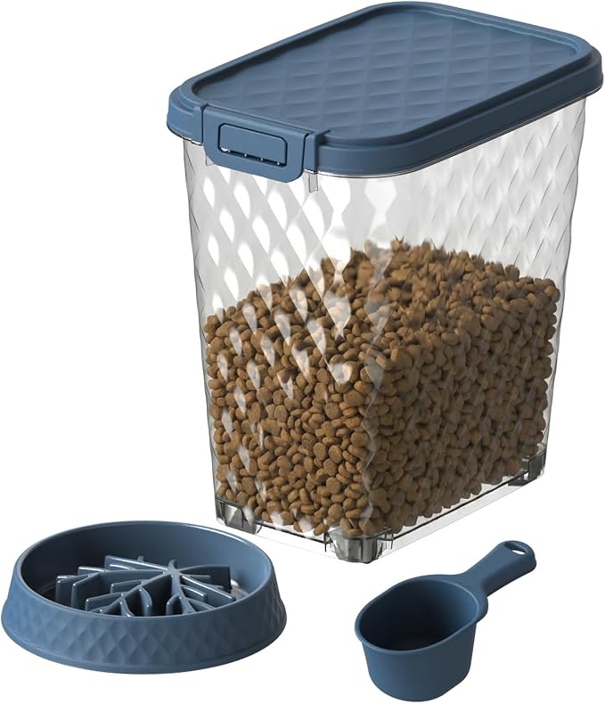 Airtight Dog Food Storage Container, 30 lb | Attachable Wheels, Clear, With Scoop & Slow-Feeding Bowl, Easy to Move Clean Refill, Fit for Dog Cat Bird Food