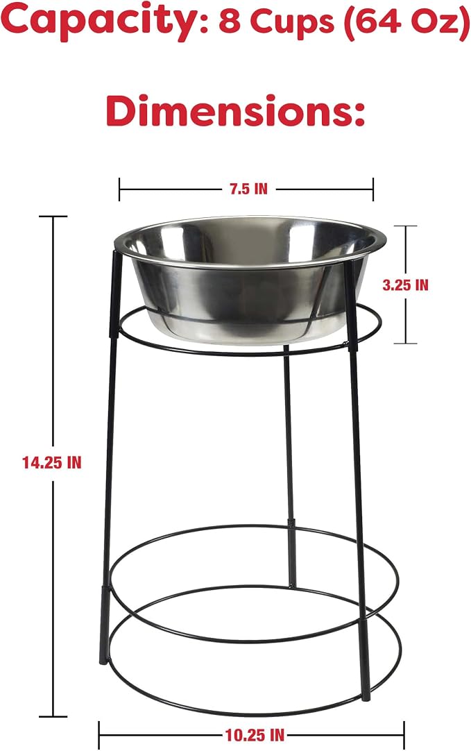 SPOT Hi Rise Single Diner Elevated Dog Feeder, 2qt Stainless Steel Bowl, Durable Wire Stand, Hygienic, Easy to Clean, Promotes Proper Posture for Tall Pets, Ideal for Medium and Large Breeds, 14.25in