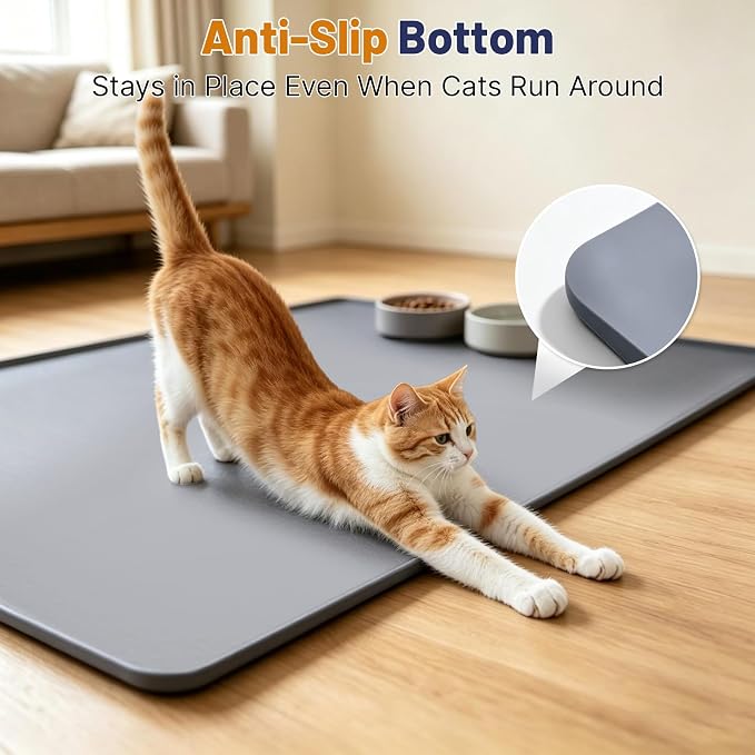 Cat Litter Mat, 51x25.6in Waterproof Silicone Litter Box Mat, Grey | XL Cat Mat Fits 1-3 Litter Boxes, Litter Trapping Mat with Raised Edges, Non-Slip Bottom, Easy Clean Kitty Litter Mat