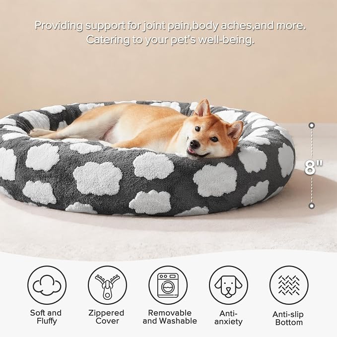JOEJOY Donut Dog Bed Medium Size, Cute Round Calming Pet Bed with Removable Washable Cover, Orthopedic Cat Puppy Bed with Jacquard Shaggy Plush & Non Skid Bottom