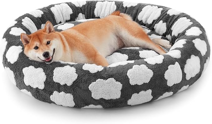 JOEJOY Donut Dog Bed Medium Size, Cute Round Calming Pet Bed with Removable Washable Cover, Orthopedic Cat Puppy Bed with Jacquard Shaggy Plush & Non Skid Bottom