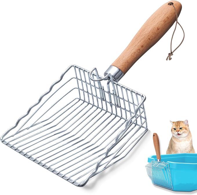 Cat Litter Scoop, Premium Kitty Shovel with Hook and Hole, Metal Sifter Scooper Stainless Steel for Easy Cleaning, Durable and Heavy Duty, Odor-Free for Litter Box | 0.3-inch Gap, Wooden Handle, with Hook and Hole, Stainless Steel, Easy Cleaning, Durab...