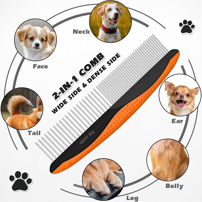 3PCS Pet Grooming Rake & Metal Comb & Flea Comb for Cats and Dogs, Double-Sided Dematting Tool, Extra-Wide Deshedding Dog Brush for Long Hair to Effectively Remove Tangles, Knots and Mats (Orange)