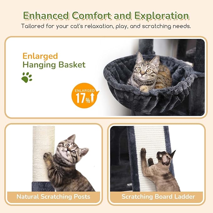Globlazer Heavy Duty Cat Tree for Indoor Cats Large Adult, F52B, Dark Grey | 3 Condos, Extra-Large Baseboard, Removable Top Perch, 4 Sisal Posts & Board, Hanging Basket, Anti-Topple Strap, Easy Setup
