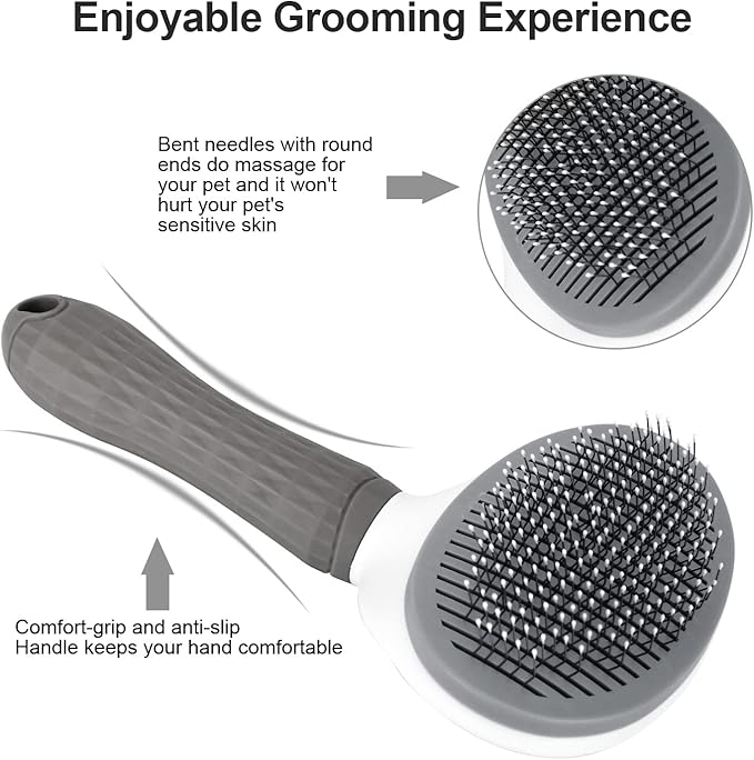 Depets Cat Brush for Shedding, Skin Friendly Self-Clean Dog Slicker Brush | Removes Loose Undercoat, for Dogs Cats Rabbits Long & Short Hair, Pet Grooming Tool with Rounded Tips, Ergonomic Handle, Gray