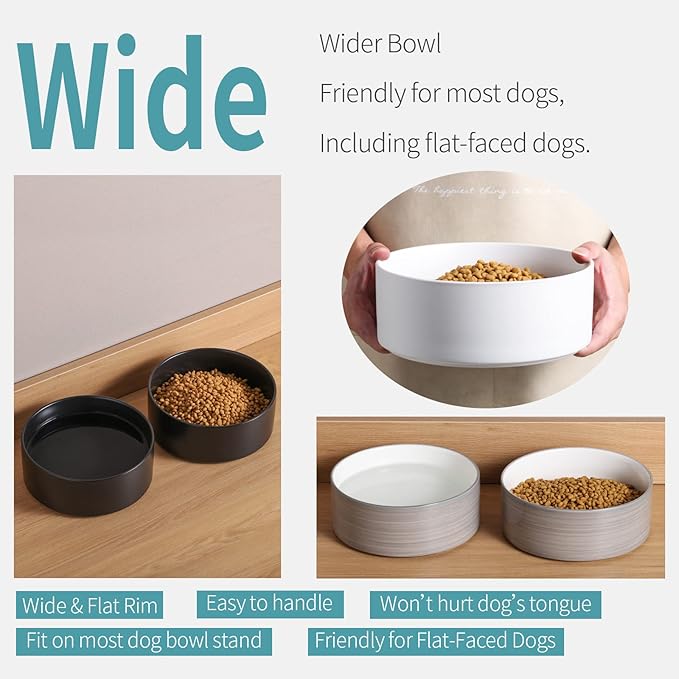 Black Elevated/Raised Dog Bowl Ceramic with Wood Stand for Medium Large Breed,Dog Food Water Dish Heavy Weighted,8 in Non Slip Modern Cute Porcelain Pet Bowl Extra Large