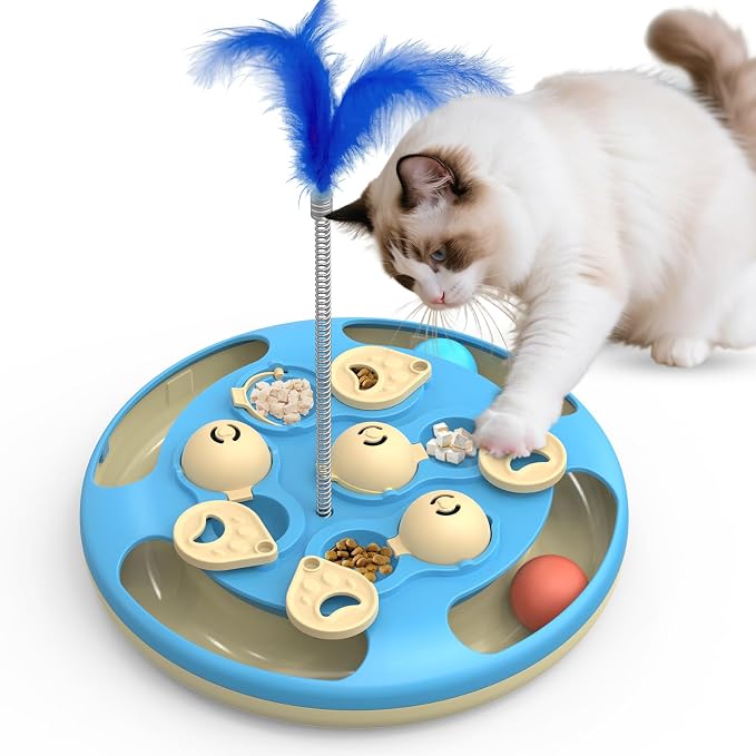3 in 1 Cat Treat Puzzle Feeder, Level 3 Interactive Cat Puzzle Toy with Track Balls, Feather Teaser & Slow Feeder Insert, Non-Slip Base, Mental Stimulation for Bored Indoor Cats, Blue