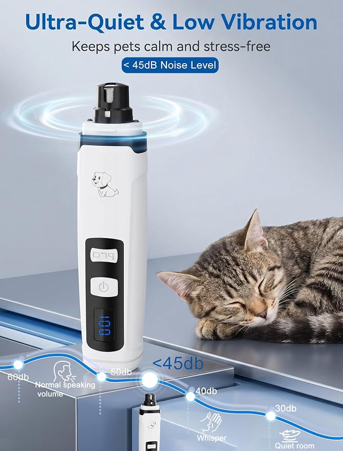 Quiet Dog Nail Grinder, 2-Speed with Light | Quiet <45dB, Dual LED Lights, 6H Battery, 3 Ports + 2 Speeds, For Dogs & Cats, USB Rechargeable, Gift for Pet Lovers