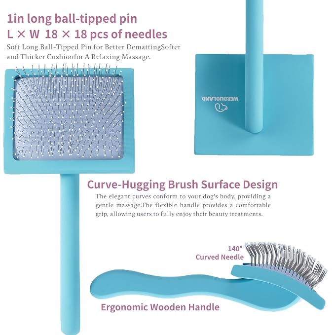 Blue Slicker Brush Long Haired Dog Wooden Handle Coated Pins | Gently Grooming Slicker Brush, Ergonomic Wooden Handle, Long-Haired Dogs, Long Pins for Grooming Goldendoodles Poodles