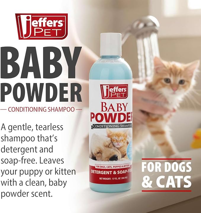 Jeffers Pet Baby Powder Tearless Shampoo for Puppies & Kittens, 17 oz - Concentrated Deodorizing Shampoo for Dogs & Cats with Natural Oils & Conditioners, pH Balanced, Soap Free Formula, Made in USA