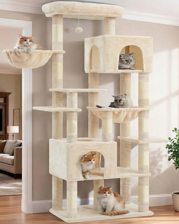 Heybly Cat Tree, 76-Inch Tall Heavy Duty Cat Tower for Big Cats HCT039M | Multi-Level Large Cat Furniture with Extra Wide Baseboard, 2 Condos & 2 Hammocks, 10 Scratching Posts, Beige