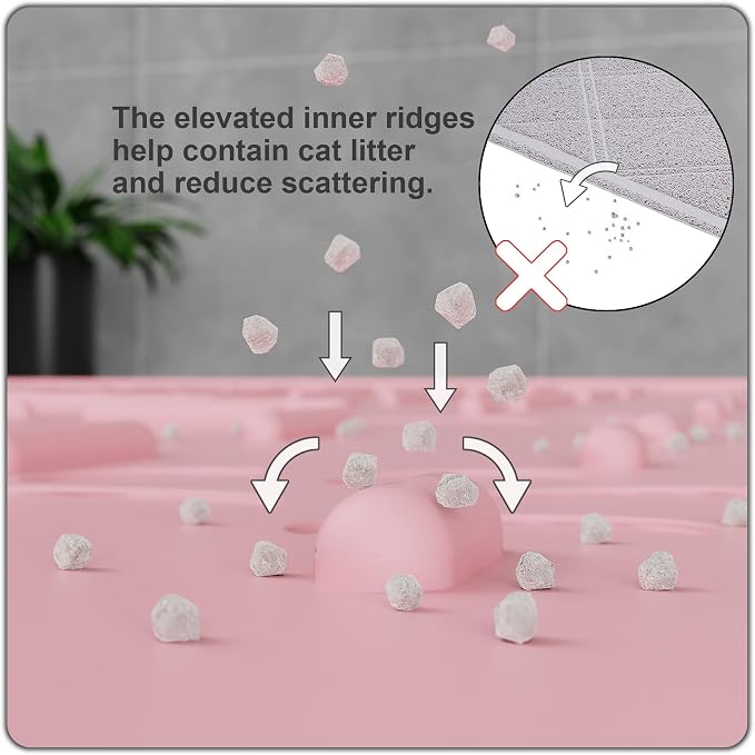 OHMO XL Cat Litter Mat, 37.5x25.2 Silicone Trapping Mat Pink | for Kitty Litter Box, Easy Clean, BPA Free Rubber, Center Litter Collection, Easy Pour-Back, Waterproof, Odor-Resistant