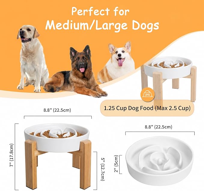 Elevated Slow Feeder Dog Bowl - Ceramic Food Dish with Bamboo Stand - Raised Maze Design - Ideal for Medium to Large Dogs - White - 8.8 inch