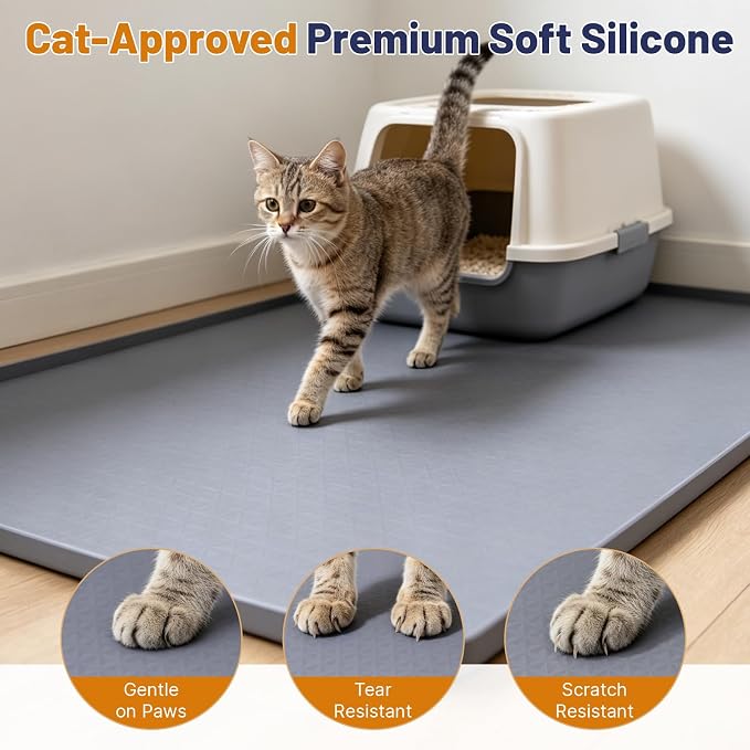 Cat Litter Mat, 51x25.6in Waterproof Silicone Litter Box Mat, Grey | XL Cat Mat Fits 1-3 Litter Boxes, Litter Trapping Mat with Raised Edges, Non-Slip Bottom, Easy Clean Kitty Litter Mat