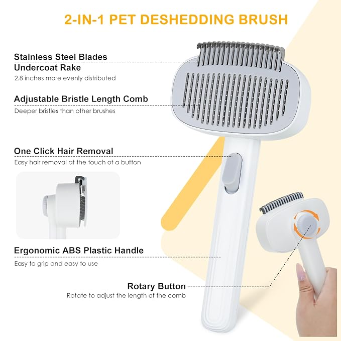 2-IN-1 Pet Self-Deshedding and Grooming Brush for Dogs and Cats | Pet Brush with Undercoat Rake & Adjustable Bristle Length Comb, One-Click Hair Removal for Matted Fur Tangles Long Short Hair