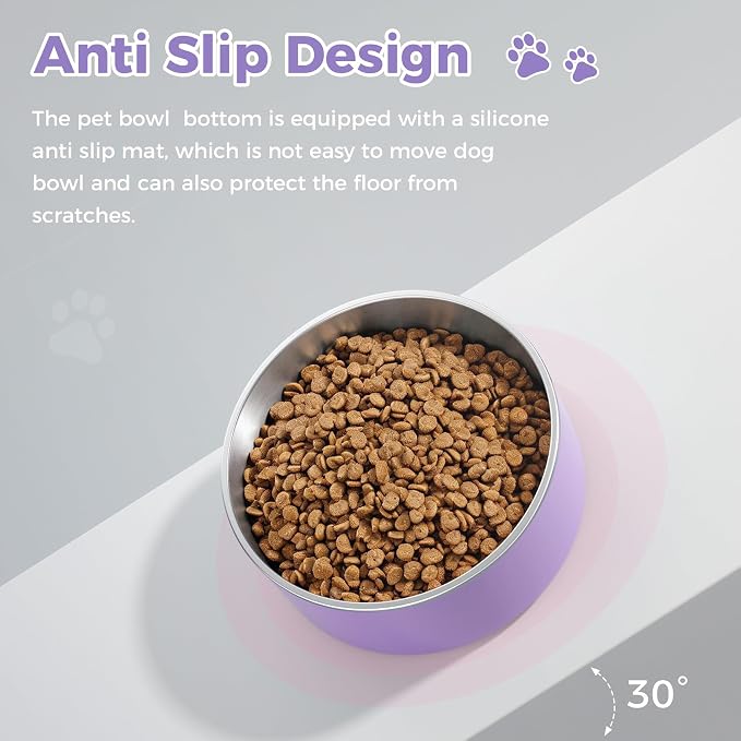 WENBOKMIN Dog Bowl, Stainless Steel Dog Food and Water Bowl with Non Slip Quiet Bottom, Easy to Clean, Dishwasher Safe, 64oz, Light Purple
