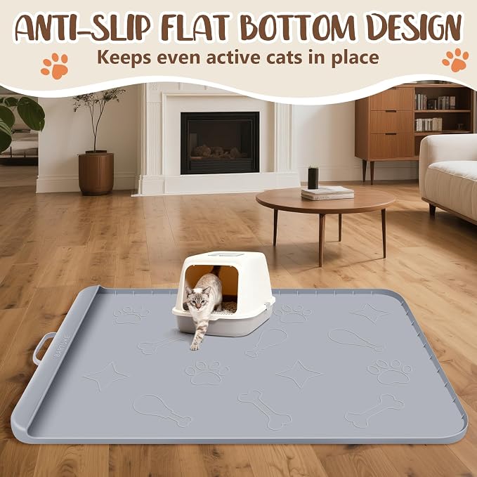 Cat Litter Mat for Litter Box 42" x 28", Large Silicone Mat, Light Grey | Waterproof Litter Trapping Mat with Residue Collection Pocket, Raised Edge, Non-Slip Pet Placemat for Floors