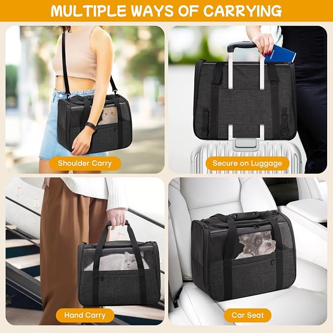 Cat Carrier Soft-Sided for Big Medium Cats, Dog Carriers for Small Dogs, Airline Approved Pet Travel Carrier for Cats Puppies up to 15Lbs with Safety Zippers Foldable Bowl, 17.5x12.4x13.5, Black