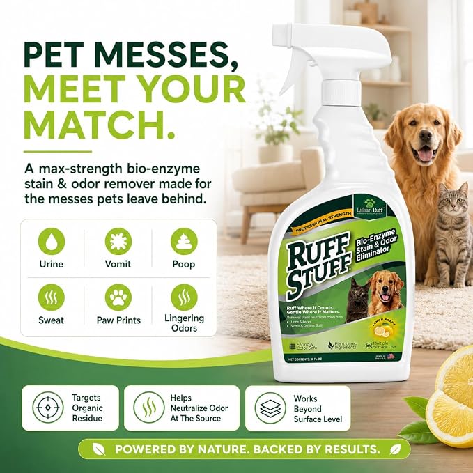 RUFF STUFF Max-Strength Bioenzyme Cleaner, Pet Stain & Odor Eliminator, Laundry Stain Remover Spray for Clothes, Dog Urine Carpet & Upholstery Cleaner, Lemon Scent, 32 Fl Oz