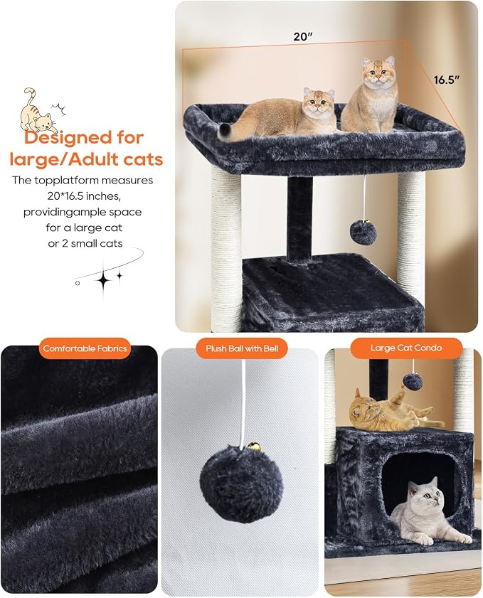 SYANDLVY 27IN Cat Tree for Indoor Cats Large Adult, Modern Activity Tower with Scratching Posts, Condo with Plush Perch, Climbing Stand with Spring Ball for Play, Smoky