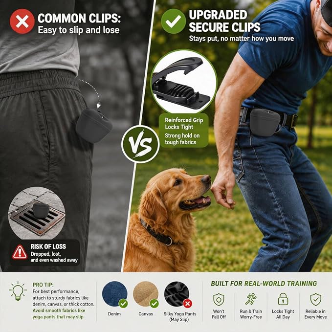 AUDWUD Silicone Dog Treat Pouch with Clicker Magnetic Closure Secure Clip | Upgraded clip keeps your treat pouch secure during training.Magnetic closure allows fast one hand access.Includes dog click
