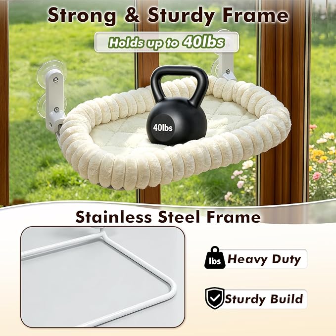 AMOSIJOY Cordless Cat Window Perch, Window Hammock for Cats with 4 Strong Suction Cups, Solid Metal Frame and Cushion Bed Cover, Indoor Cat Bed (XL,Stripe)