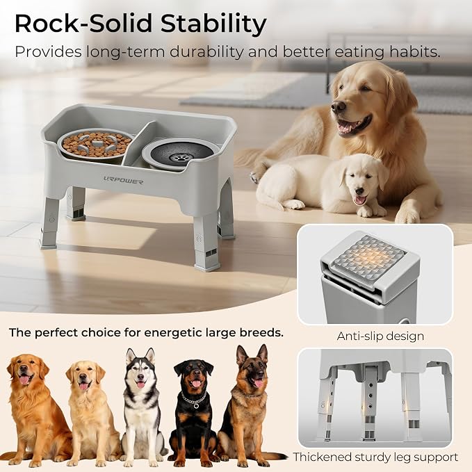 URPOWER Mess Proof Elevated Dog Bowls 4 Height Adjustable Raised Stand with No Spill Water Bowl and Slow Feeder Dog Bowls Non-Slip Food and Water Bowl Set for Small, Medium & Large Dogs