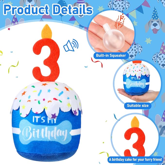 Dansydaisy Dog Birthday Cake Toy Squeaky Plush Toy for Girl Boy Gifts, Chew Accessories for Dog Birthday Party Decor Favor for Large, Medium and Small Dogs(3rd,Blue)