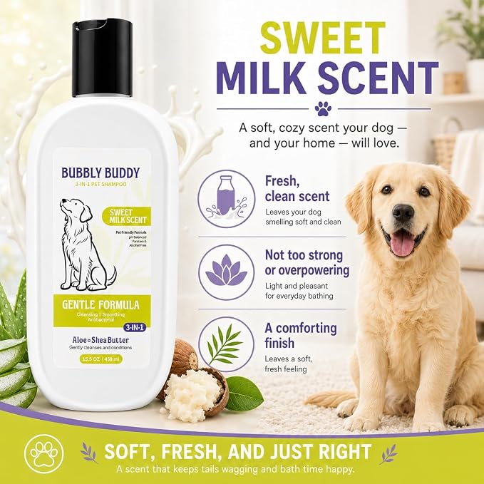 3-in-1 Pet Shampoo for Dogs, Sweet Milk Scent Dog Shampoo and Conditioner with Aloe,Shea Butter,Colloidal Oatmeal,Jojoba Oil & Vitamin E, pH Balanced Cleansing, Smoothing & Antibacterial Care, 15.5 oz