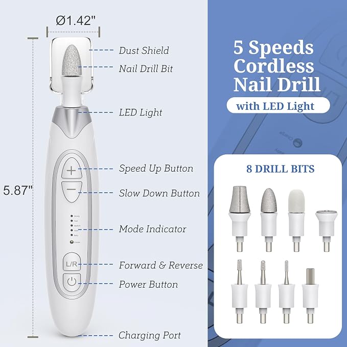 PELCAS Electric Nail File, Manicure and Pedicure Kit 5 Speeds & LED Light | Cordless Nail Drill, Toenail Grinder for Thick Toenails, Dremel Tool Kit for Human, Pet, Toenails, Natural & Acrylic Nails