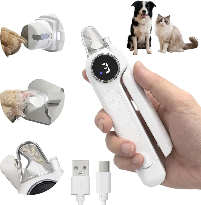2-in-1 Quiet Electric Pet Nail Clipper & Grinder with Light for Dogs Cats | 3-Speed Grinding, Nail Catcher, Safety Guard, Low-Noise Motor, USB Rechargeable Design for Stress-Free Home Grooming