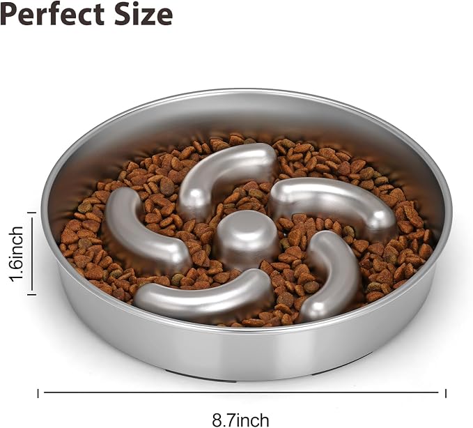 Slow Feeder Dog Bowl, 2 Cups Stainless Steel Heavy Duty with Non-Slip Base 8.7 inch Puzzle Maze Dog Food Bowls for Medium, Large Breed Size Dogs to Slow Down Eating