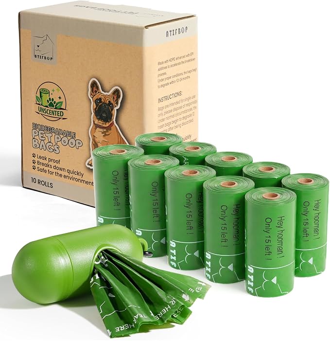 ATIFBOP Biodegradable Dog Poop Bags 150 Counts with Dispenser, Leak Proof and Extra Thick Doggy Poop Bags (Unscented)