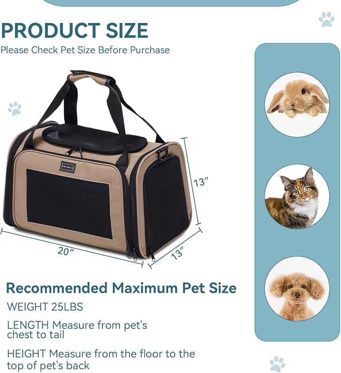 PETSFIT Soft-Sided Cat Carrier for Medium Cats up to 25 lbs, Foldable Pet Travel Bag with Washable Mat, Multiple Entry, Ventilated, for Car Trips & Vet Visits – NOT Airline Approved