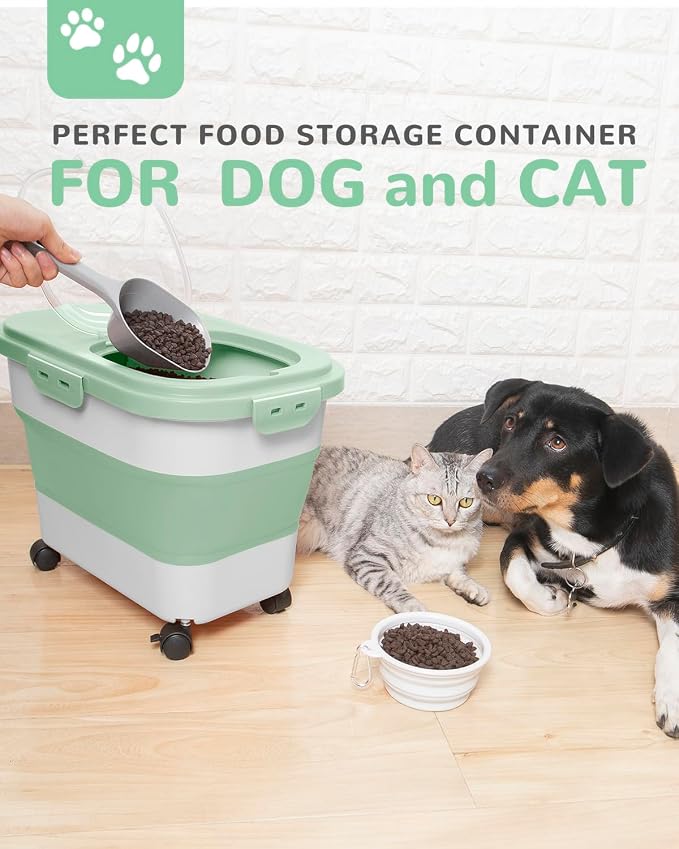 20-23Lbs Dog Food Storage Container Airtight,Collapsible Dog Food Container | Pet Food Storage with Double Airtight Seal & Magnetic Lid,Cat Food Container with Wheels for Easy Moving,Small Jar,Scoop