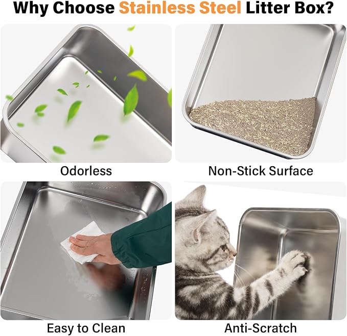 Stainless Steel Litter Box with High Sides, Small Metal Litter Box for Kittens & Medium Cats, Low Entry Kitten Litter Boxes with Scoop and Mat, Non-Sticky, Anti-Urine Leakage, Easy Cleaning