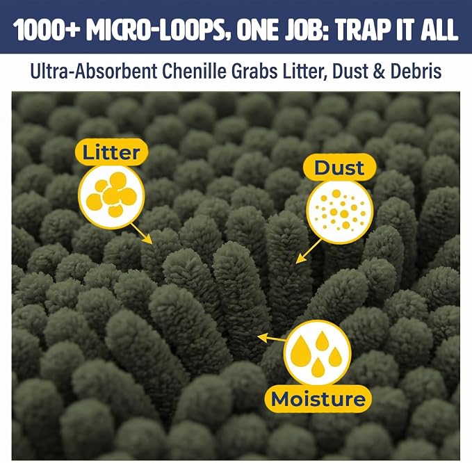 Muddy Mat® | Cat Litter Mat 24"x36", Litter Trapping Mat, Super Absorbent Scatter Control, Soft on Paws, Slip Resistant Washable Kitty Litter Mat, Traps Litter, Protects Floors, Army Green