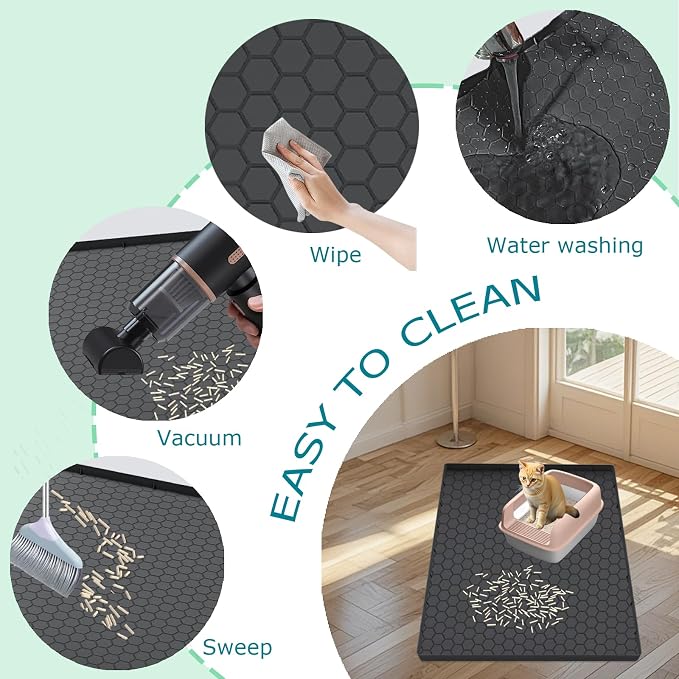 Cat Litter Mat for Litter Box, Silicone Large Cat Litter Trapping Mat - 37x22 in, Waterproof & Non-Slip, Durable & Easy Clean, Black