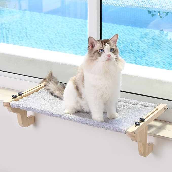 Zakkart Easy Seat Cat Perch for Windowsill (Natural Wood/Gray, L) | Hook-On Windowsill Mount, Clean Hammock Design, Premium Wood & Robust Metal Frame, Machine Washable Bed, 26"W x 14"D