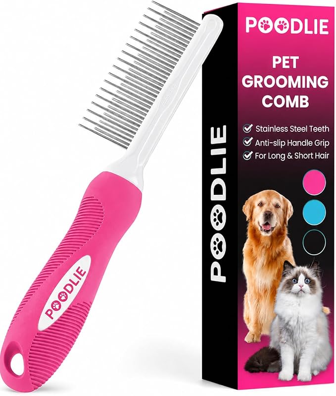 Poodle Pet Detangling Pet Comb with Long & Short Stainless Steel Teeth for Removing Matted Fur, Knots & Tangles – Detangler Tool Accessories for Safe & Gentle DIY Dog & Cat Grooming (Pink)