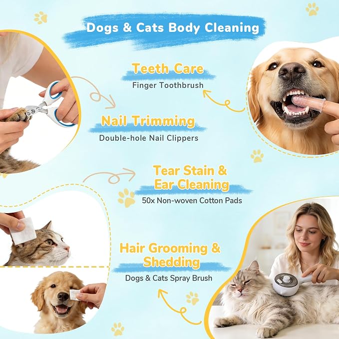 10Pcs Mist Spray Brush Kit for Cats & Dogs, Hair Health & Grooming Set with 100ml Waterless Shampoo, Cat Scratcher w/Catnip, Nail Clippers, Toothbrush, Comb, Eye Ear Paw Dry Wipes & Gloves, Gift-Set