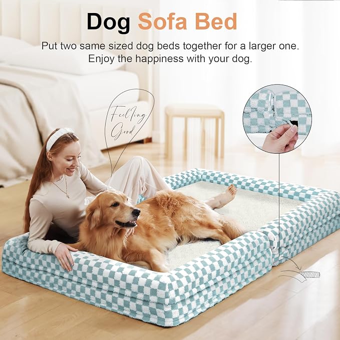 NANUYA Orthopedic Dog Bed for Large Dogs, 38 x 25 Inch, Green Grid | Egg crate foam for joint support, 3-sided bolster pet sofa, waterproof lining, washable cover, and non-skid base