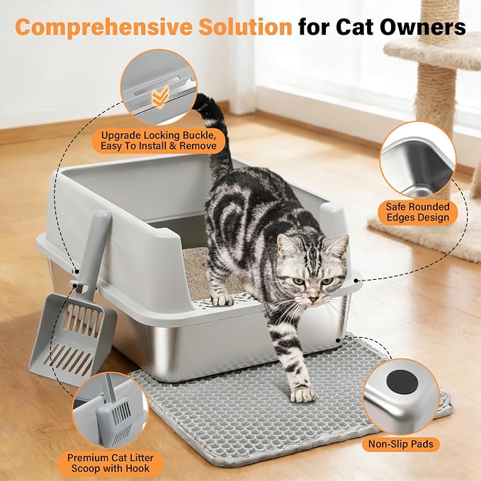 Stainless Steel Litter Box with High Sides, Small Metal Litter Box for Kittens & Medium Cats, Low Entry Kitten Litter Boxes with Scoop and Mat, Non-Sticky, Anti-Urine Leakage, Easy Cleaning