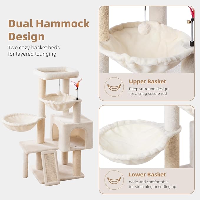 Cat Tree with Cat Condo and Two Hammocks, Cat Tree with Scratching Posts and Scratching Pads, Cat Tower for Indoor Cats, Activity Centre Climbing Tree with Playful Toy Balls, Beige