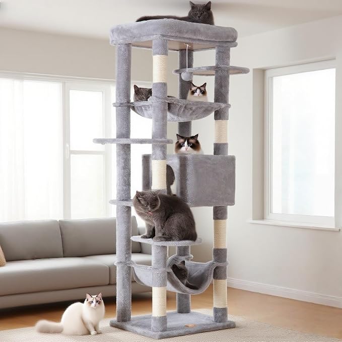 Heybly Cat Tree for Large Cats 20 lbs, 69 inches Cat Tower HCT031W | Heavy Duty Cat Condo for Indoor Cats, Multi-Level Furniture with Big Padded Plush Perch, Cozy Basket, Light Gray